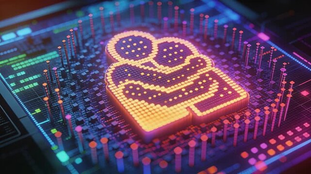 Lens zooming forward, glowing pixel icon in embrace pulsing on chip, pins signaling data