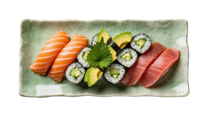 Delicious fresh sushi assortment with salmon, tuna nigiri and cucumber avocado maki rolls © Michal