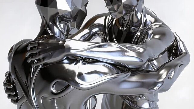 Shifting camera revealing two chrome figures embracing in studio, showing interlaced arms gleaming