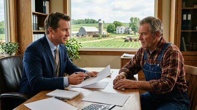 Business Meeting Between a Lawyer and a Farmer in a Cozy Office with Scenic Rural Landscape