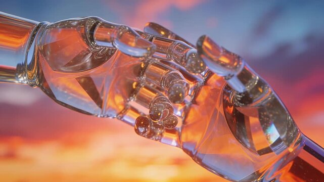 Entering left and right crystal hands hooking pinkies at sunset, showing glass chain, forming link