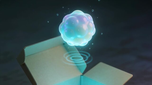 Care Package box opening, teal light summoning orb rising pulsing projecting ripples for marketing