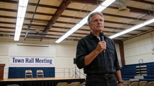 Rehearsing man using wired mic for town hall in gym, wearing dark shirt, copy space