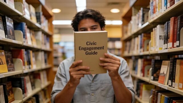 Holding tan Civic Engagement Guide, man in light-blue shirt lowering book and studying in library