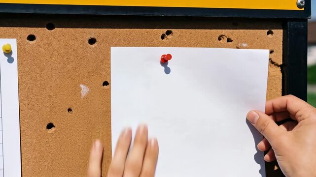 Vertical video: Hands pressing red pushpin into cork board smoothing blank paper for business post