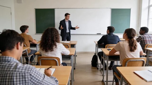 Starting lesson teacher in suit jacket pointing and explaining in classroom with whiteboard