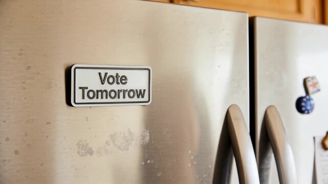 Bringing woman's hands placing and smoothing Vote Tomorrow magnet on steel fridge as vote reminder