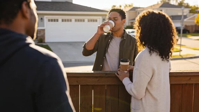 Offering man in jacket at wooden fence handing two coffee cups, starting friendly chat in driveway