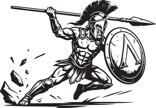 Fierce spartan warrior with shield and spear charging in black and white illustration style