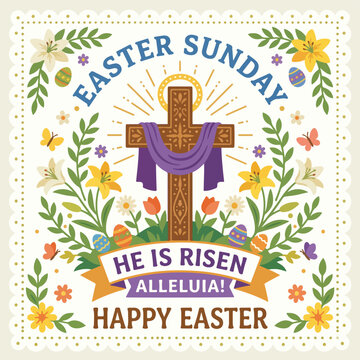 Easter Sunday Vector Illustration with Christian Cross, Lily Flowers and Eggs, Religious Holiday Concept