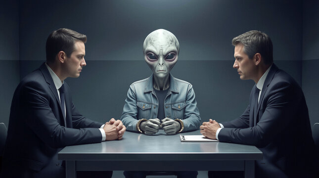 Officials questioning a handcuffed non-human entity in a secure interrogation room. Two men in suits look at the visitor during a formal investigation.