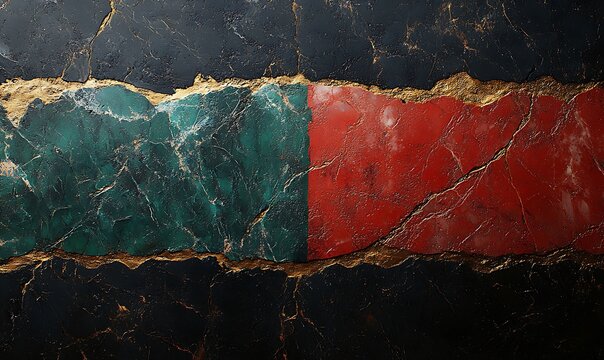 Cracked dark stone texture with green red and gold veins background