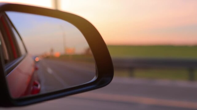 The sun is reflected in the mirror, evening road. View in the side rear view mirror of a red car driving along the highway