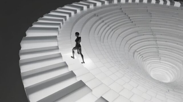 Walking dark mannequin-like humanoid taking first step along inner rim, circling deep spiral pit