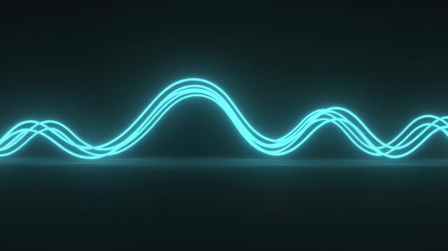 Merging neon waves starting as left or right blue and green clusters over dark reflective floor