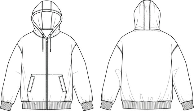 Fashion technical sketch of zip up hoodie sweatshirt with front and back views for clothing design