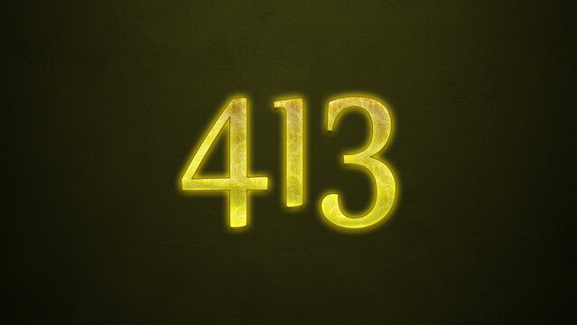 Neon glowing yellow number of 413 on dark background.
