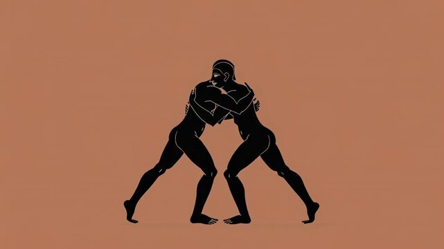 Two male athletes running center closing gap to start grappling, lines showing joint motion