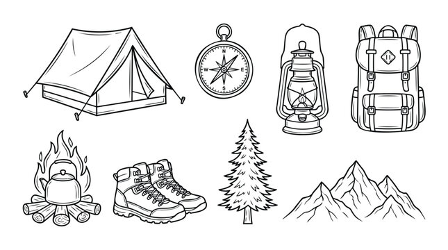 Collection of essential camping and outdoor adventure gear, featuring tents, backpacks, boots, and a campfire for wilderness exploration