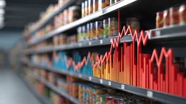 Supermarket aisle with canned goods and a digital red graph overlay representing market trends or sales data.