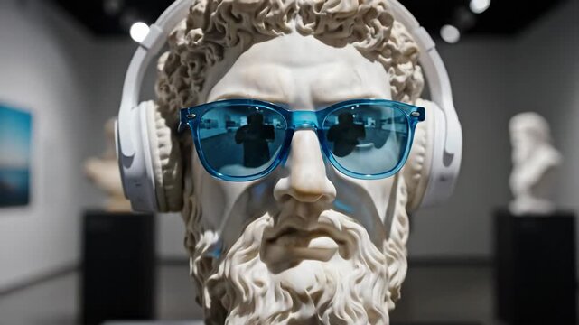 A bust of Hercules wears blue glasses and white headphones in a creative music concept portrait.