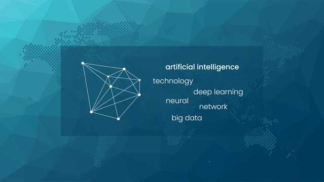 Artificial intelligence symbol. AI neural network machine deep learning processing big data analysis technology. Vector poly background. World map for global business, web design