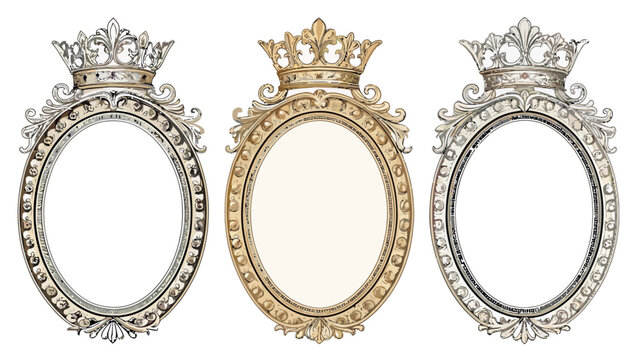 Three ornate oval frames with crown like tops gold and silver empty on white background elegant decorative luxurious