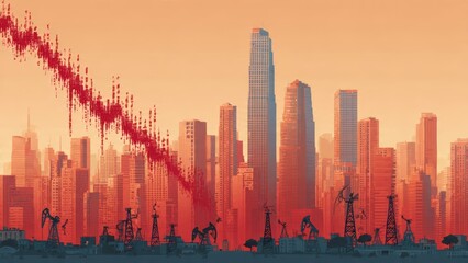 Fototapeta premium A city skyline at sunset with numerous oil rigs in the foreground and a downward trending financial graph overlay.