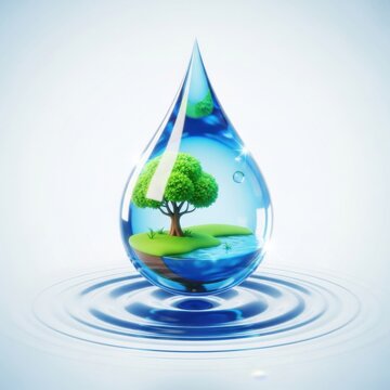 Water drop with tree inside on white background green