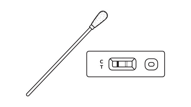 Professional vector illustration of a medical rapid antigen test kit and a nasal swab for diagnostic laboratory research and global healthcare industry supply chain management.