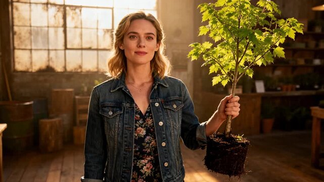 Showing woman in denim jacket holding sapling rootball to camera at nursery, camera pushing in