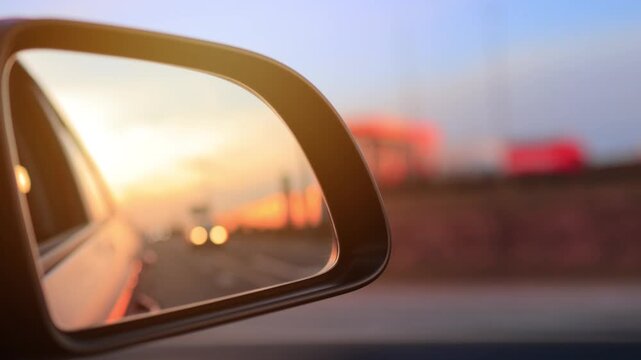 The sun is reflected in the mirror, evening road. View in the side rear view mirror of a red car driving along the highway