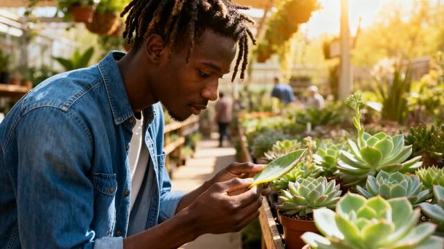 Examining man in denim shirt and white tee leaning over succulents in nursery, holding yellow tag