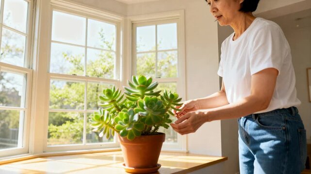 Entering room, woman moving succulent terracotta pot on wooden table toward bay window light