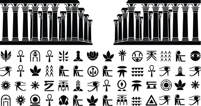 PrintAncient Egyptian columns, hieroglyphic symbols, papyrus lotus capitals, Eye of Horus, ankh life symbol, sacred sun, ornate architecture, cultural heritage