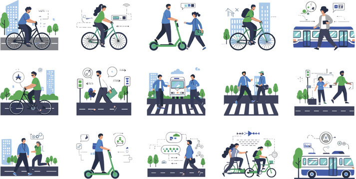 Sustainable urban transportation collection with cycling, walking, scooter and public transit eco friendly mobility vector illustration set