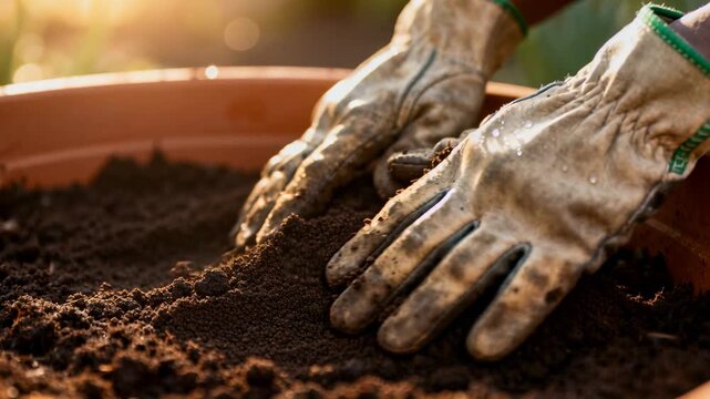 Pressing leather gloved hands shaping soil in terracotta pot on patio, preparing for planting