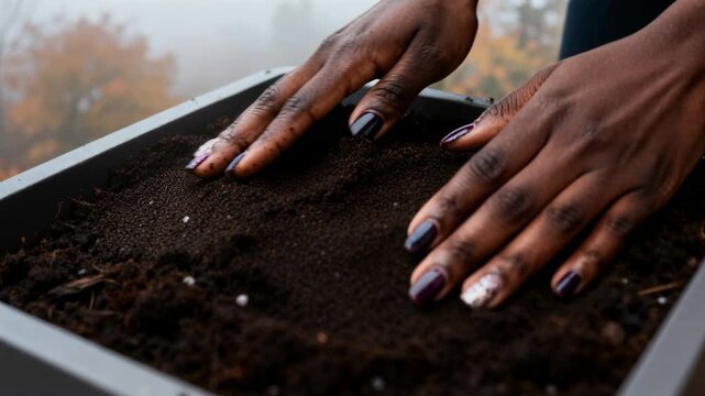 Pressing on planter rim, female hands smoothing soil on balcony, preparing bed with perlite