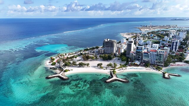 Aerial View of Maafushi Island Maldives Tropical Beach Resort and Turquoise Lagoon