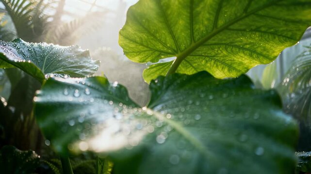 Sun rising backlighting big heartleaf, revealing veins and droplets merging in greenhouse mist