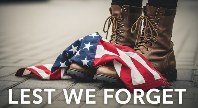 A fallen soldier and american flag with the phrase lest we forget
