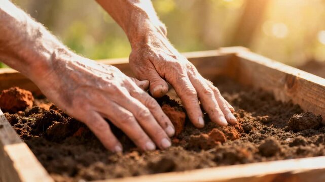 Picking up clay, hands short sleeves breaking clods, raking soil in planter for planting, sunlight