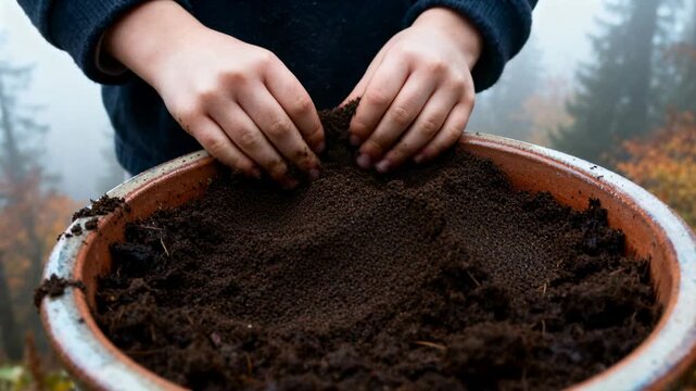 Hovering pressing child bare hands in dark sleeves compacting soil for planting on deck, clay pot