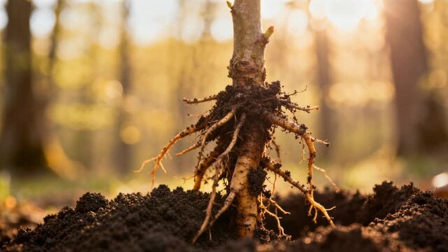 Exposing small tree sapling revealing fibrous roots on forest floor, with metal shovel blade