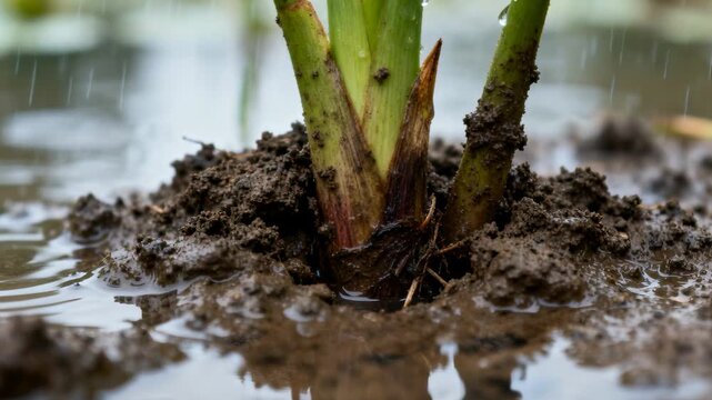 Falling raindrops striking puddle making ripples around crown shoots in garden shifting reflections