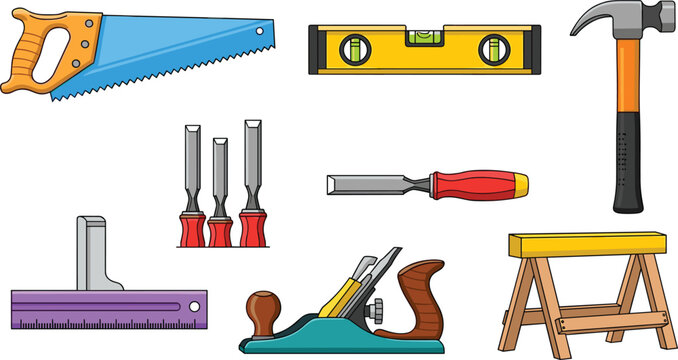 Professional Woodworking Hand Tools Vector Set Featuring Saw, Hammer, Spirit Level, Chisels, Planer, and Sawhorse for Carpentry Workshop, DIY Home Improvement, and Construction Projects