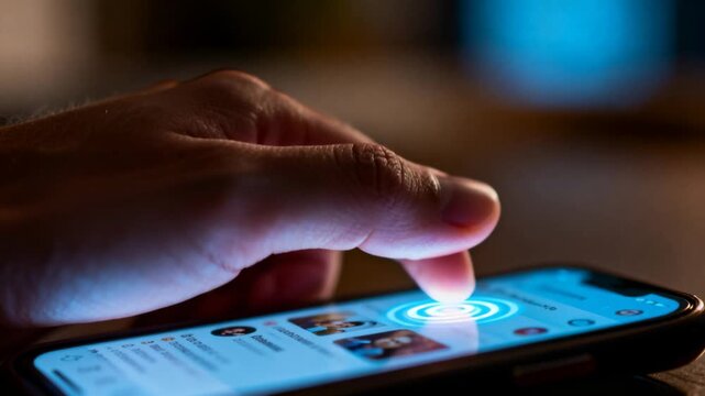 Adult hand tapping phone thumbnails on surface, producing ripple while previewing content for UX