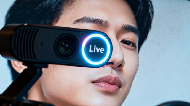 Male streamer reacting to webcam Live ring, shifting lips to microphone for streaming