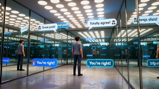 Standing centered man watching mirror in mirrored room while comments multiplying, tracking praise