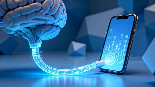 Sending pulsing data on conduit lit brain model and phone linking activating holo target in studio